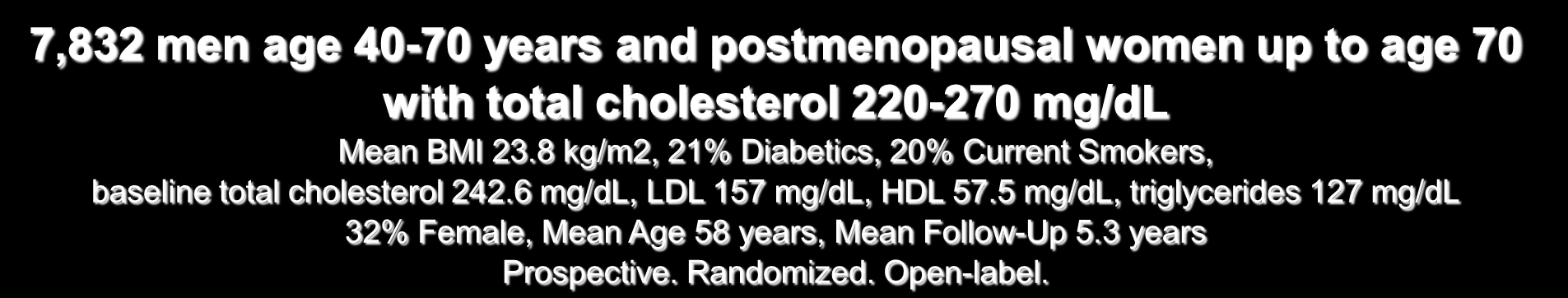 MEGA Trial 7,832 men age 40-70 years and postmenopausal women up to age 70 with total cholesterol 220-270 mg/dl Mean BMI 23.8 kg/m2, 21% Diabetics, 20% Current Smokers, baseline total cholesterol 242.