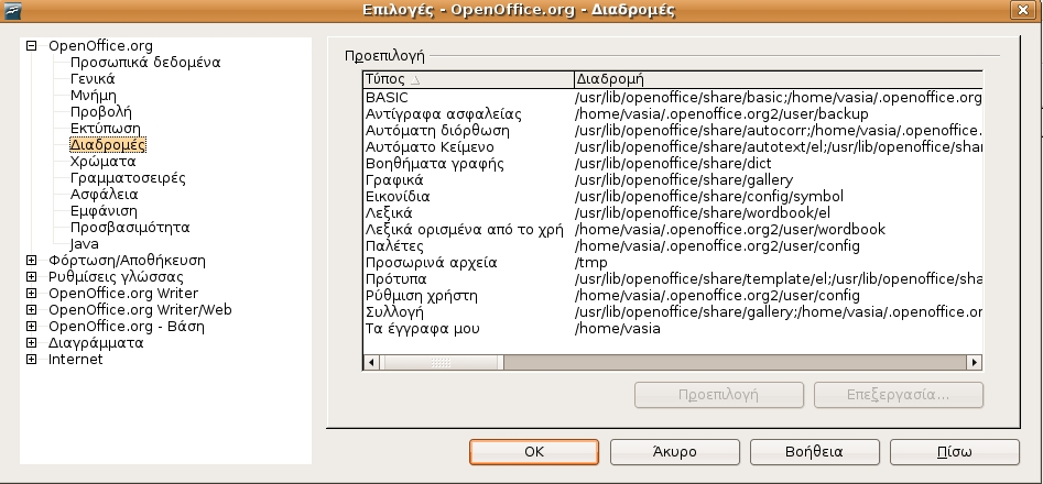Για να ορίσετε τις προεπιλεγμένες τοποθεσίες αρχείων: Εργαλεία -> Επιλογές... Κάντε κλικ στο σύμβολο + δίπλα από το OpenOffice.