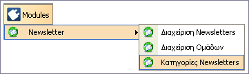 ΙΑΧΕΙΡΙΣΗ ΚΑΤΗΓΟΡΙΩΝ NEWSLETTERS Για τη δηµιουργία νέων εγγραφών στις Κατηγορίες Newsletters, ο διαχειριστής επιλέγει από το µενού Modules, την ενότητα Newsletter Κατηγορίες Newsletters, όπως