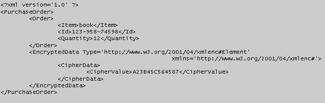 Στην πρώτη περίπτωση σχ. 2 αυτό επιτυγχάνεται με τις ετικέτες (tags) < CipherData > και < CipherValue >. Το πραγματικό κρυπτογραφημένο στοιχείο βρίσκεται στο < CipherValue >.