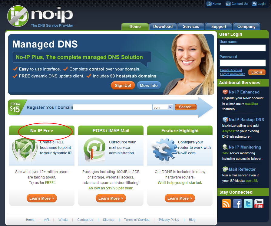 Domain name άλλων παρόχων Μπορείτε να χρησιμοποιήσετε Domain Name άλλων παρόχων, από υπηρεσίες όπως οι www.no-ip.com.,www. 3322.com Λαμβάνουμε ως παράδειγμα την υπηρεσία www.no-ip.com: (1) Μεταβείτε στην ιστοσελίδα www.