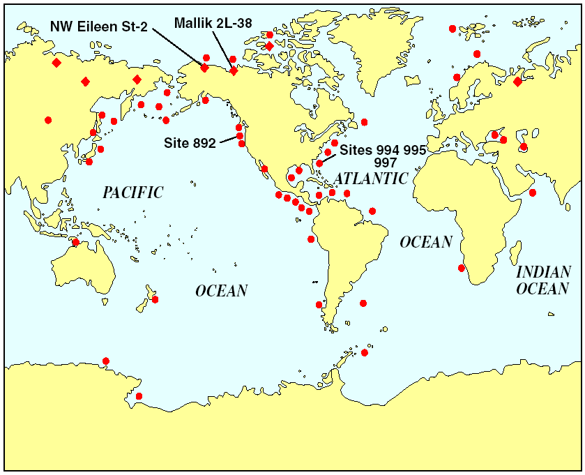 Gas hydrate occurrences (modified from Kvenvolden, 1993) Tests for exploitation: On land: Malik project Mackenzie Delta, NW Canada Gas hydrates at 1000 m depth At sea: Nankai Trough project SE of