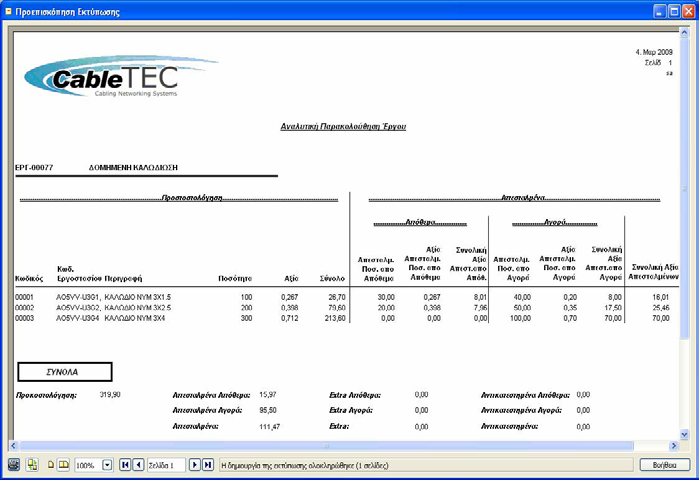 Αξιακή και Ποσοτική Παρακολούθηση Επεκτάσεων Παρακολούθηση έργου Εxtra-Αντικαταστάσιμα Παρουσιολόγιο Πόρων Λειτουργικότητα για την παρακολούθηση extra υλικών σε σύγκριση με την προκοστολόγηση
