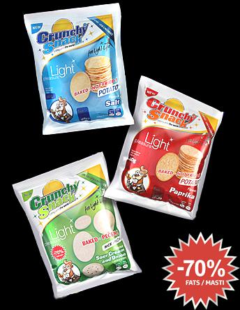 CRUNCHY SNACK Σνακ με χαμηλα λιπαρα Προιόν σνάκ Χαμηλά λιπαρά, τραγανό σνακ Τραγανά, πλούσια σέ γέυση, με χαμηλα λιπαρά (-70% λιγότερο) ψημένες πατάτες.