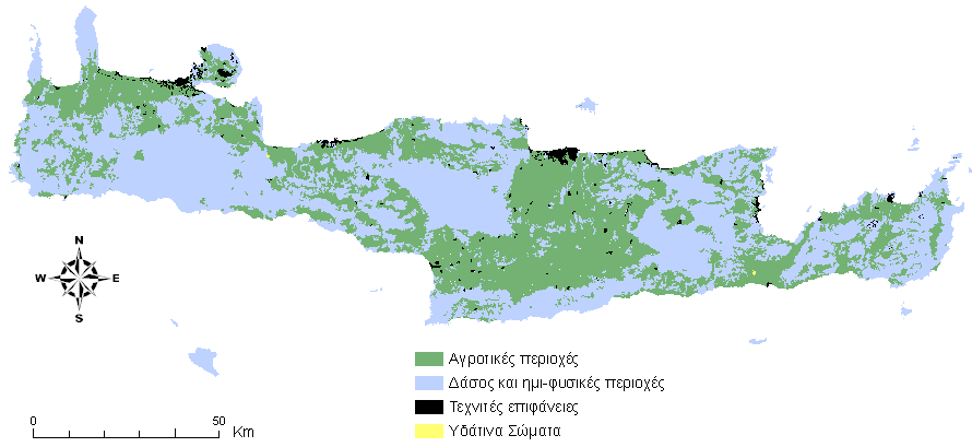 Χάρτης 5: Χρήσεις γης στο ΥΔ της Κρήτης Παράλληλα η υπερσυγκέντρωση πληθυσμού στο νομό Ηρακλείου (305490 κάτοικοι, έναντι 156585 στο ν. Χανίων, 85609 στο ν. Ρεθύμνου και 75381 στο ν.