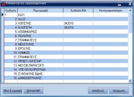 Atlantis Payroll 208 Ειδικότητες εργαζοµένων Με την εργασία αυτή καθορίζετε τις ειδικότητες των εργαζοµένων. Εργασίες [Νέα εγγραφή] για την εισαγωγή νέας ειδικότητας.