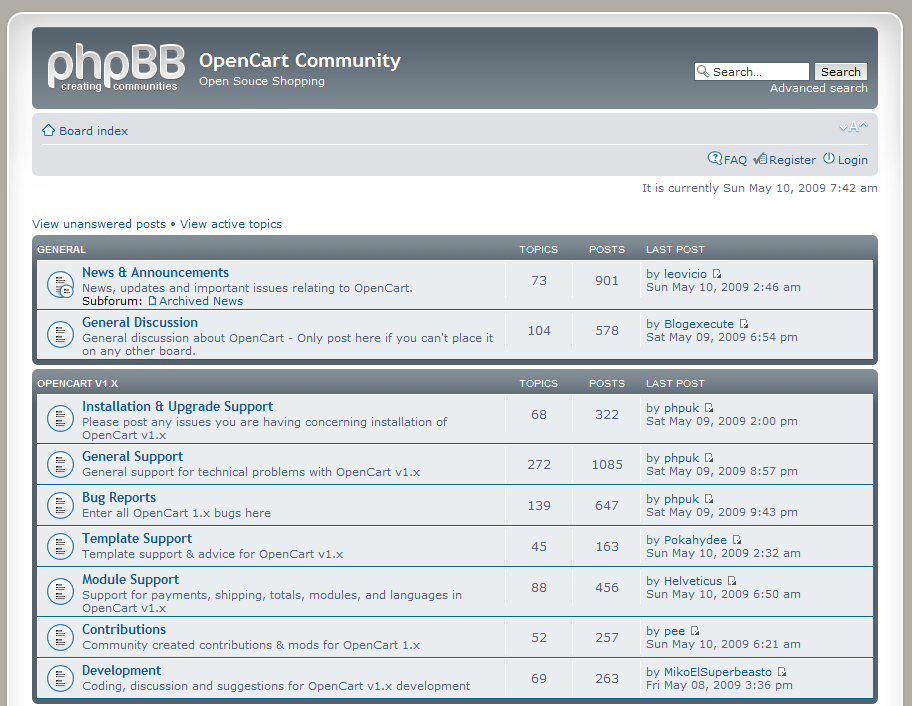 1.2.2 OpenCart Community Forum Η επίσημη περιοχή συζήτησης http://forum.opencart.com του λογισμικού βρίσκεται στην διεύθυνση: Εικόνα 2: Το επίσημο Forum του OpenCart 1.3 