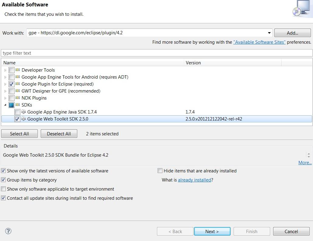 Από τη λίστα εφαρμογών επιλέξτε το Google Plugin for Eclipse και Google Web Toolkit SDK 2.4.