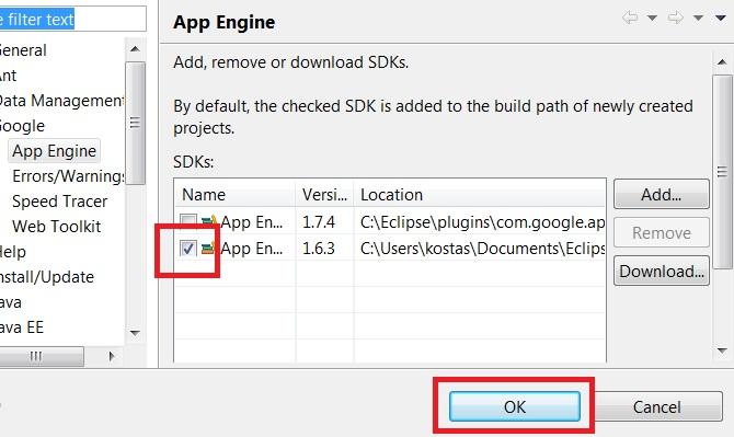 zip και ανοίξτε το Eclipse και από το μενού πατήστε Window -> Preferences -> Google -> AppEngine και πατήστε