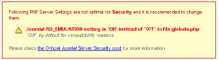 2.9. Ρυθµίσεις ασφαλείας Εικόνα 22 : Μήνυµα προειδοποίησης για ρυθµίσεις ασφαλείας Στην περίπτωση που εµφανίζεται το παραπάνω µήνυµα, τότε αυτό σηµαίνει ότι οι ρυθµίσεις του διακοµιστή PHP δεν είναι