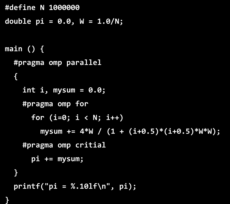 Υπολογισμός του π (μέχρι τώρα) #define N 1000000 double pi = 0.0, W = 1.0/N; main() { int i; for (i = 0; i < N; i++) pi += 4*W / (1 + (i+0.5)*(i+0.5)*w*w); printf("pi = %.