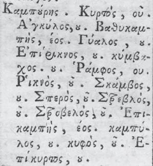 pillory, ἐν τῷ κύφωνι αὐχένα ἔχειν Κρατίνος.115, πβλ. Αριστοφάνους Πλούτος.476, 606; δεθῆναι ἐν τῷ κύφωνι. Αριστοτέλους Πολιτικά1306b2; μαστιγούσθω ἐν τῷ κύφωνι. OGI483.177 (Pergam.). 2.