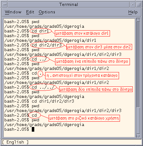 Η εντολή pwd (= print working directory) Η εντολή αυτή τυπώνει στην οθόνη τον τρέχοντα κατάλογο στον οποίο δουλεύουμε. Εικόνα 17: Το αποτέλεσμα της pwd.