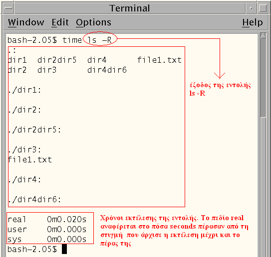 Εικόνα 11: επίδειξη χρήσης cal 11 2004 Η εντολή time Με την εντολή time μπορούμε να μετρήσουμε, σε seconds, τον χρόνο εκτέλεσης μίας εντολής, για την ακρίβεια της εντολής που δίνουμε ως όρισμα στην