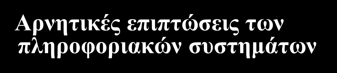 Αρνητικές επιπτώσεις των πληροφοριακών συστημάτων Αυτοματισμοί που μπορεί να καταργήσουν θέσεις εργασίας Θέματα ιδιωτικότητας (privacy) Παράλυση της επιχείρησης σε περίπτωση μη λειτουργίας του