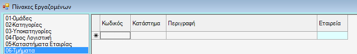 Πίνακες Εργαζομένων Προς Λογιστική Τα πεδία που εμφανίζονται Είναι Κωδικός, Περιγραφή, Εταιρία. Τα κριτήρια επιλογής Είναι Κωδικός, Περιγραφή,Εταιρία.