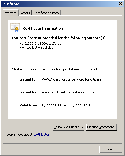 Εικόνα 13. Εγκατάσταση πιστοποιητικού ΥπΑΠ στον Internet Explorer 2. Στο παράθυρο με τίτλο Certificate που εμφανίζεται (Εικόνα 14) επιλέξτε Εγκατάσταση Πιστοποιητικού (Install Certificate). Εικόνα 14.