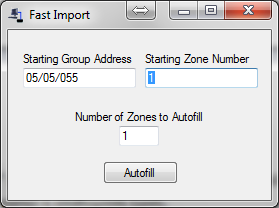 Για την εύκολη εισαγωγή διαδοχικών Group Addresses μπορούμε να χρησιμοποιήσουμε την παρακάτω λειτουργία: Επιλέγουμε το πλήκτρο Fast Import και ανοίγει το εξής παράθυρο: Στο πεδίο Starting Group