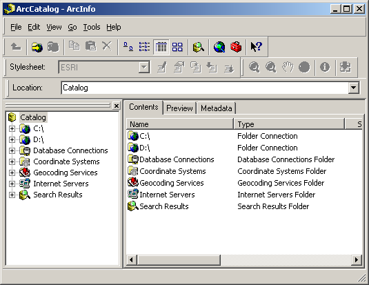 Vector δεδοµένα σε γεωβάσεις (Geodatabases) Workspace Geodatabase Feature Dataset Feature Class Geometric Network Relationship Object Class ArcCatalog Ο ArcCatalog είναι παρόµοιος µε τον Windows