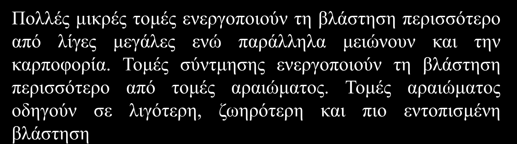 Το κλάδευμα διεγείρει την παραγωγή νέας βλάστησης Το ληθαργικό κλάδευμα είναι ενδυναμωτικό ενώ το καλοκαιρινό πιστεύεται ότι είναι εξαντλητικό Αντίδραση του δένδρου στον αριθμό, τύπο και το μέγεθος