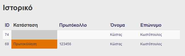 ΙΣΤΟΡΙΚΟ Στο μενού Ιστορικό ο Χρήστης μπορεί να δει το ιστορικό όλων των αιτημάτων του ή τις καταγγελίες. Επιλέγοντας το ο χρήστης εμφανίζεται η παρακάτω οθόνη. Ο Χρήστης μπορεί να δει: 1.
