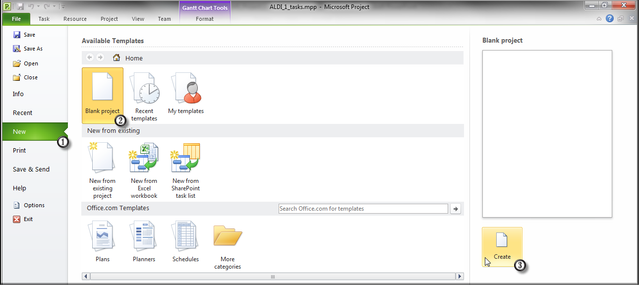Δημιουργία νζου αρχείου Ζναρξθ Microsoft Office Microsoft Project 2010 File New Blank Project Create