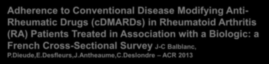 Adherence to Conventional Disease Modifying Anti- Rheumatic Drugs (cdmards) in Rheumatoid Arthritis (RA) Patients Treated in Association with a Biologic: a French Cross-Sectional Survey J-C Balblanc,