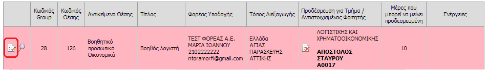 Σε περίπτωση λάθους στα στοιχεία του φοιτητή ή των ημερομηνιών, μπορείτε να επιλέξετε το κουμπί «Αλλαγή Στοιχείων Εκτέλεσης Πρακτικής Άσκησης», ενώ σε περίπτωση που θέλετε να αλλάξετε τον