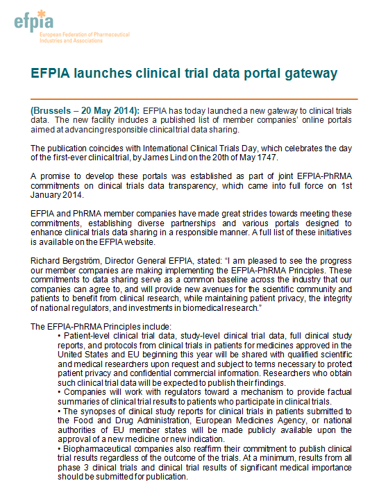 Europe 2020 EFPIA: The right clinical trials environment paves the way for Medical Innovation Highest science & ethics Clinical trials are an essential part of research 58,6% of R&D