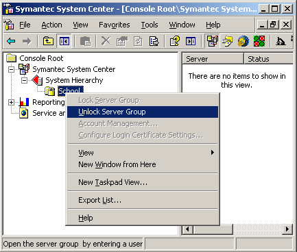 Εικόνα 28 Symantec Antivirus Corporate Edition: : Έναρξη εργαλείων διαχείρισης Για να δοθεί πρόσβαση στις ρυθμίσεις του εξυπηρετητή πρέπει με δεξί κλικ στον όνομα του εξυπηρετητή "School" να