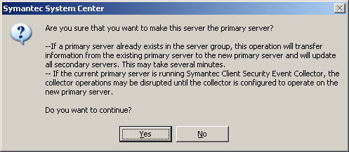 Εικόνα 31 Symantec Antivirus Corporate Edition: Ρυθμίσεις του εξυπηρετητή Επιβεβαιώνετε την συνέχεια (Yes) διότι στα εργαστήρια του ΠΣΔ δεν χρησιμοποιείται δεύτερος Antivirus server.