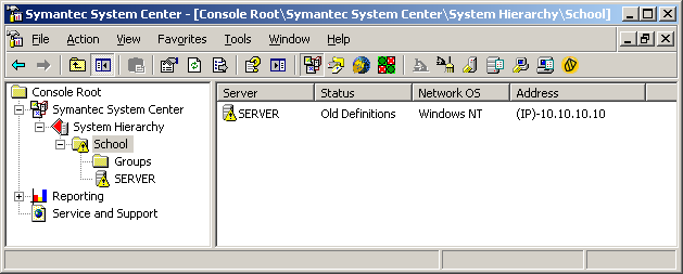 Εικόνα 33 Symantec Antivirus Corporate Edition: Report Server Η ένδειξη έχει αλλάξει και δείχνει την ορθή λειτουργία, (το θαυμαστικό αναφέρεται στα παλιά αποτυπώματα ιών του προγράμματος στον