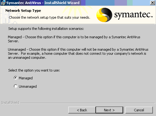 Εικόνα 40 Symantec Antivirus Corporate Edition: Επιλογή εγκατάστασης Επιλέγεται ελεγχόμενη εγκατάσταση σε συνεργασία με κάποιον εξυπηρετητή.