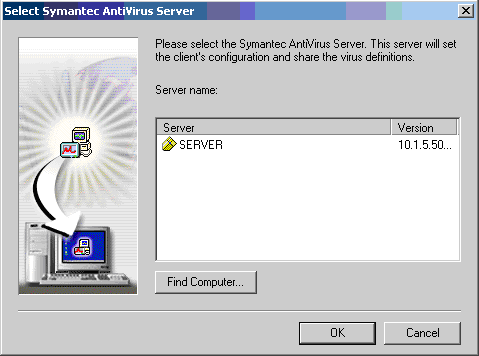 Εικόνα 42 Symantec Antivirus Corporate Edition: εύρεση του εξυπηρετητή Στο επόμενο βήμα επιλέγεται ο εξυπηρετητής.