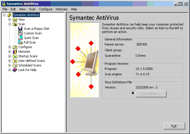 Εικόνα 47 Symantec Antivirus Corporate Edition: Αριστερά Μενού Πληροφοριών 1.