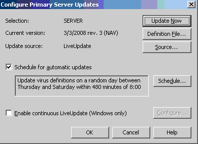 Εικόνα 73 Symantec Antivirus Corporate Edition: Virus Definition Manager Υπάρχει δυνατότητα να τροποποιηθούν συγκεκριμένες ρυθμίσεις,