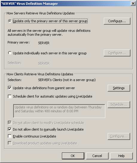 2.2.2 Server Virus Definition Manager Στο μενού Server Virus Definition Manager βρίσκονται επιλογές και πληροφορίες για την ενημέρωση του εξυπηρετητή με αποτυπώματα ιών.