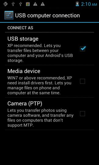 Επιλέξτε used as USB storage device (Χρήση ως συσκευή αποθήκευσης USB) και θα εμφανιστεί η
