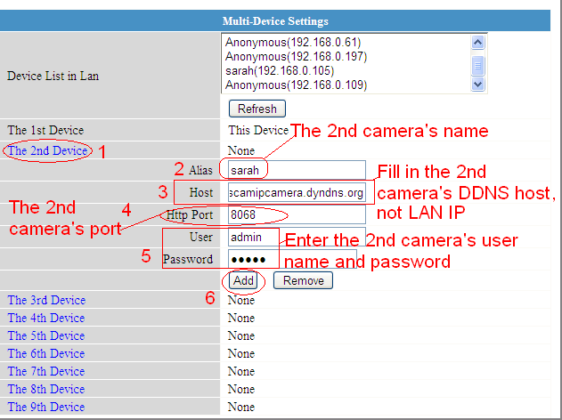 8 Αν έχετε πολλές κάμερες, μπορείτε να χρησιμοποιήσετε το ίδιο DDNS domain name. Απλά θα πρέπει να επιλέξετε διαφορετική θύρα για την κάθε κάμερα. Πιέστε Multi-Device Settings.