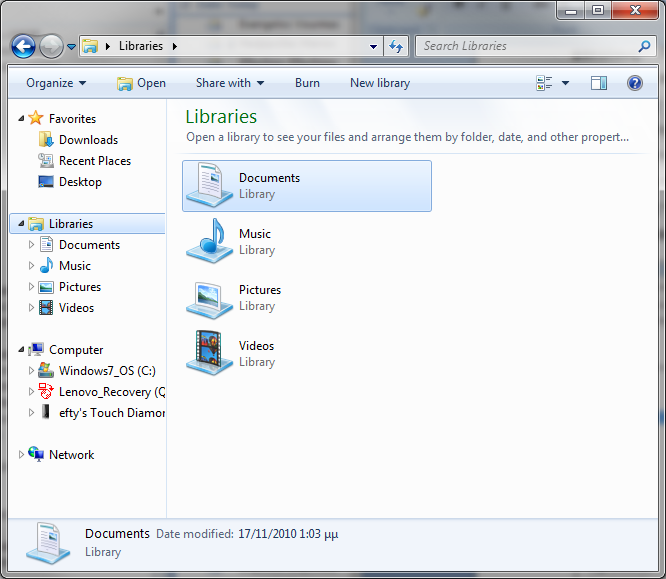 3. Βιβλιξθήκεπ (Libraries) Ο ελενεοκεηήξ (Windows Explorer) ηςκ Windows 7 οπμζηενίδεη εηθμκηθμύξ θαθέιμοξ.