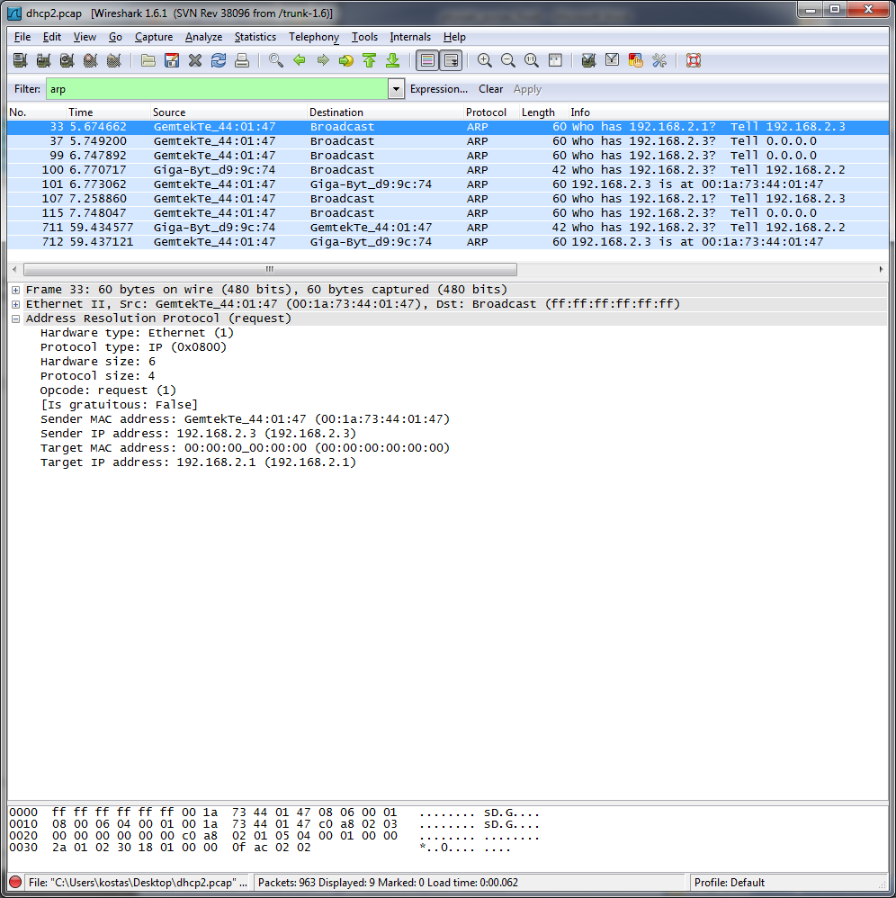 Το παράθυρο του Wireshark μετά την εφαρμογή του φίλτρου arp Σχήμα