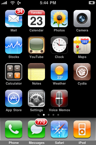 Ας εξετάσουμε τώρα το περιβάλλον εργασίας του χρήστη (User Interface-UI) στο iphone2g. Στην εικόνα που ακολουθεί (εικ.8) φαίνεται η αρχική οθόνη (home screen). Εικ.