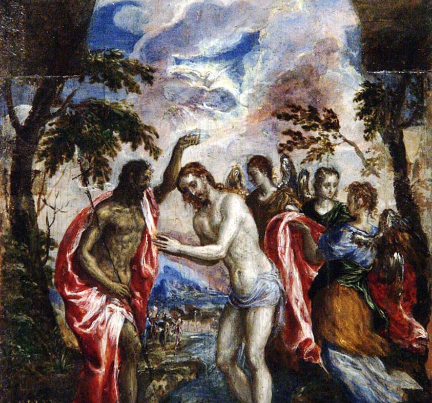 Βάπτιση του Χριστού Χριστός και Ιωάννης ο Πρόδρομος συνοδεύονται από 3 φτερωτούς αγγέλους σε φυσικό περιβάλλον Θεωρείται ανυπόγραφο έργο Όμως βάσει τεχνοτροπιών