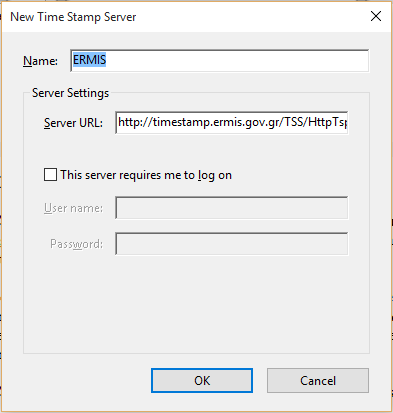 Εικόνα 9 Εισαγωγή του URL του εξυπηρετητή χρονοσήμανσης και όνομα της επιλογής μας (π.χ. ERMIS) (http://timestamp.