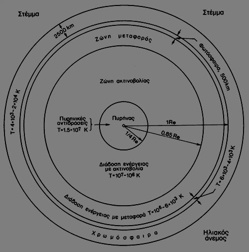 1.1 Δομή του ήλιου Ό Ήλιος αποτελείται από τα εξής μέρη (εικόνα 1): Α) Τον πυρήνα με ακτίνα 0,25 της ηλιακής ακτίνας με θερμοκρασία 1,5x10^7 Κ όπου γίνονται οι θερμοπυρηνικές αντιδράσεις σύντηξης του