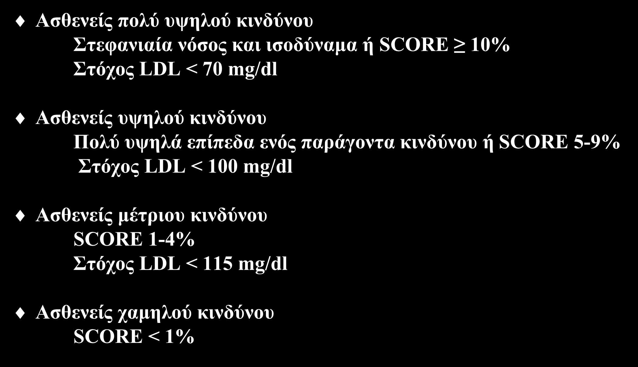 Διαστρωμάτωση καρδιαγγειακού κινδύνου και στόχος LDL Ασθενείς πολύ υψηλού κινδύνου Στεφανιαία νόσος και ισοδύναμα ή SCORE 10% Στόχος LDL < 70 mg/dl Ασθενείς υψηλού κινδύνου Πολύ υψηλά