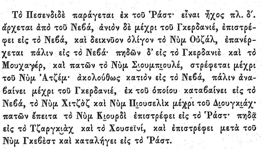 Πεσενδιδέ Περιγραφή Σο μακάμ πεσενδιδέ παράγεται από τον Νη, είναι ήχος μαλακός διατονικός πλαγίου τετάρτου και έχει βαθμίδα εισόδου τον Δι.