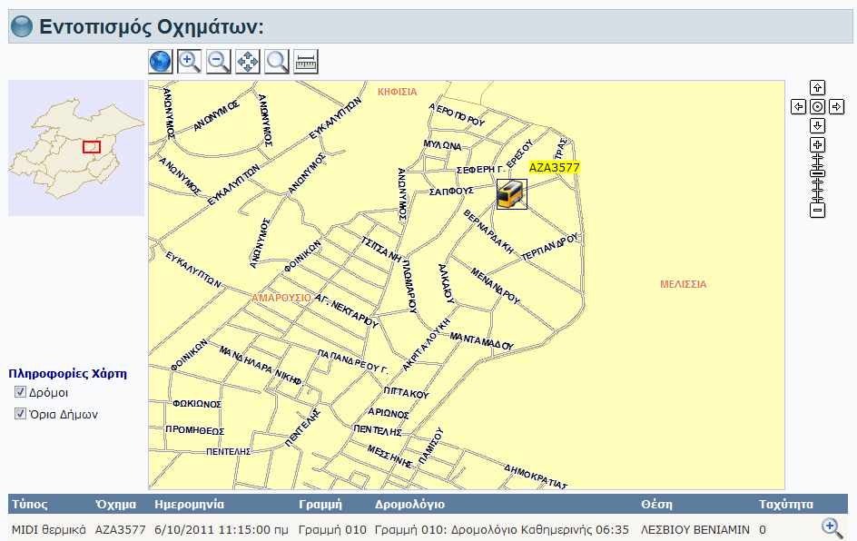 Εντοπισμός Οχήματος Μέσω της λειτουργίας του εντοπισμού γίνεται η αναζήτηση της θέσης ενός λεωφορείου.