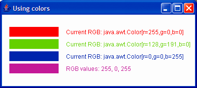 1 // Fig. 12.6: ShowColors.java 2 // Demonstrating Colors. 3 import javax.swing.