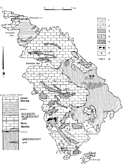 Εικόνα 9. Γεωλογικός χάρτης και τεκτονοστρωματογραφική στήλη της Σίφνου. (1) Σχιστόλιθοι και γνεύσιοι εκλογιτικής φάσης.(2)μάρμαρα.